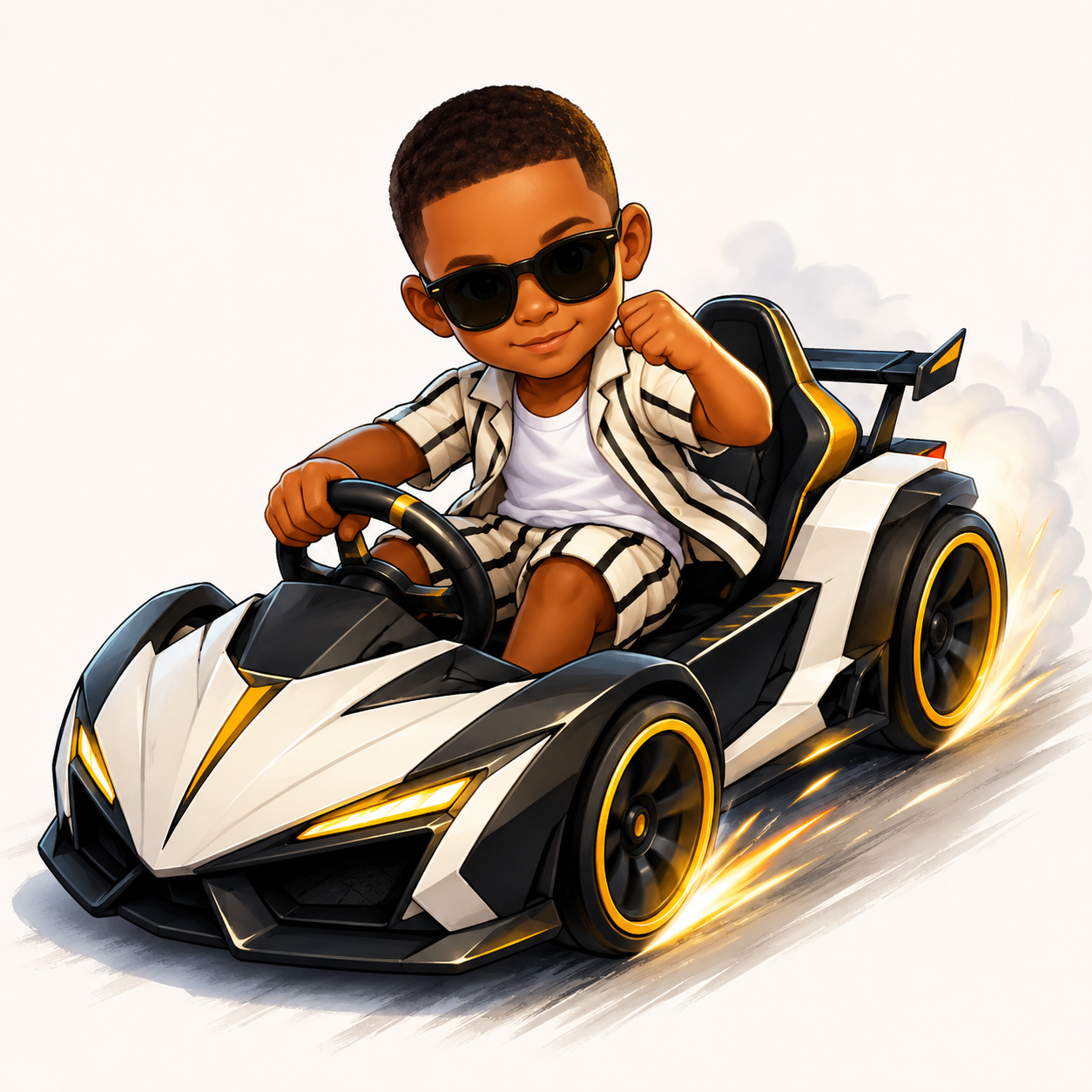 Cartoon boy driving a supercar-inspired go-kart